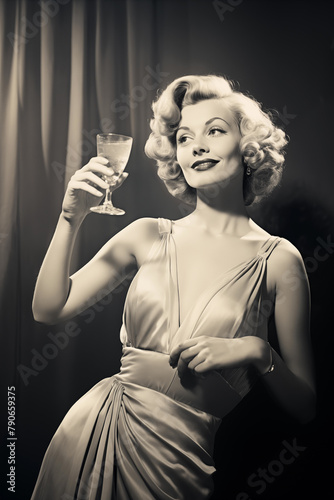 vintage photo beautiful blond woman holding champagne cocktail wearing dress in 1960s black and white film © Ricky