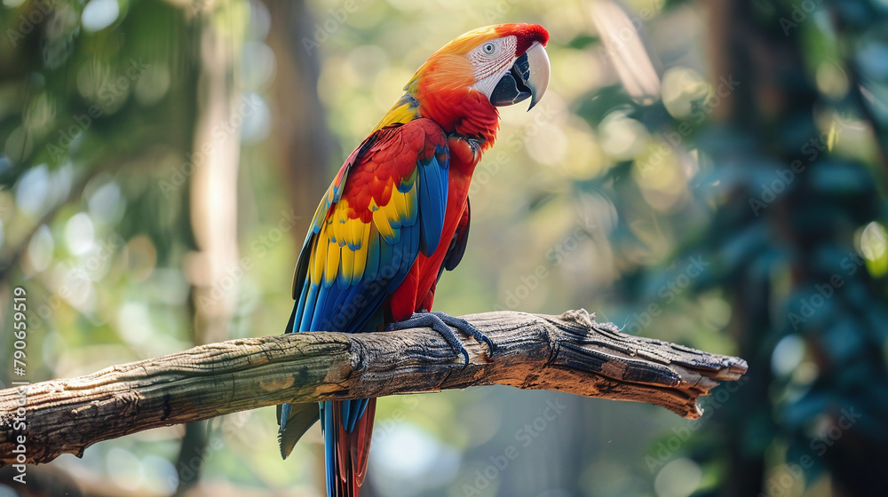 Obraz premium Colorful parrot sitting on a branch in the wild savanna