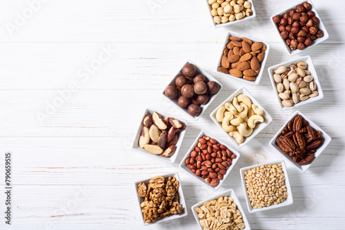 Mix of nuts in bowl . Food background