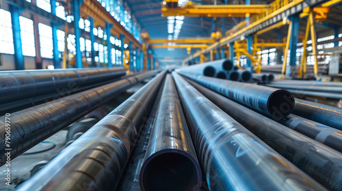 Manufactured metal pipes in a factory
