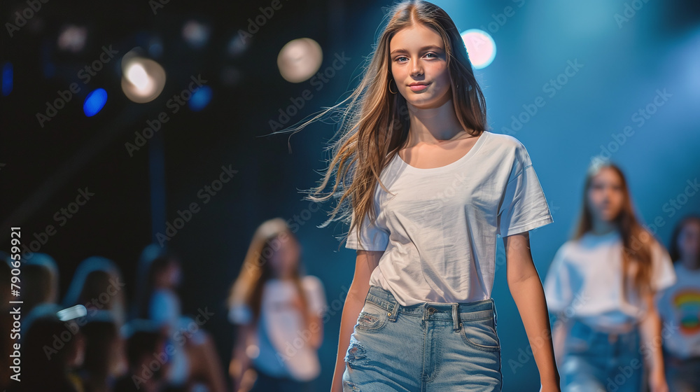 A young slender girl teenager top model walks along the catwalk at a high fashion show