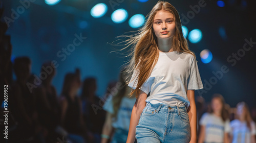 A young slender girl teenager top model walks along the catwalk at a high fashion show