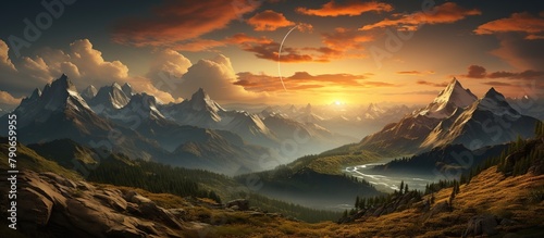 Fantastic panoramic view of the mountains at sunset. Dramatic sky. Beauty world.