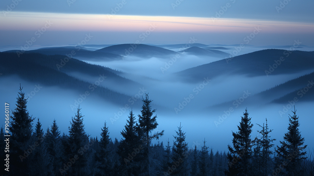 The hills in the fog. Morning landscape.