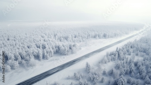 Aerial view of a road in the winter forest. Winter landscape.