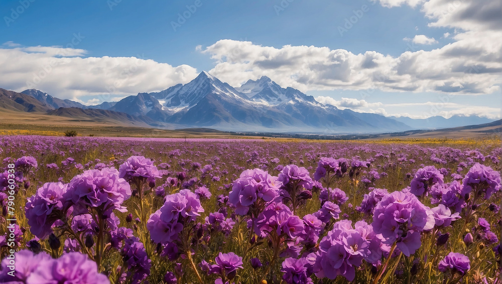 A field of purple flowers with snowcapped mountains