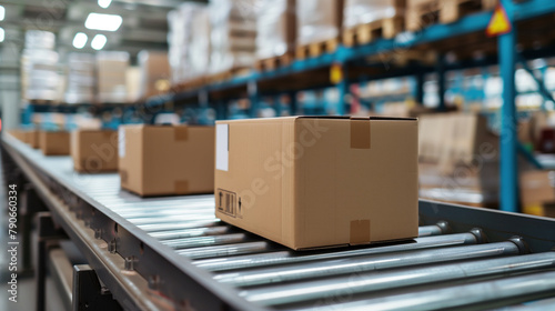 Cardboard Boxes on Conveyor Belt in Warehouse.