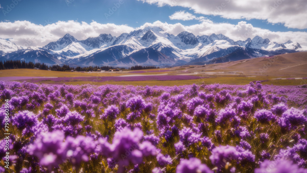 A field of purple flowers with snowcapped mountains