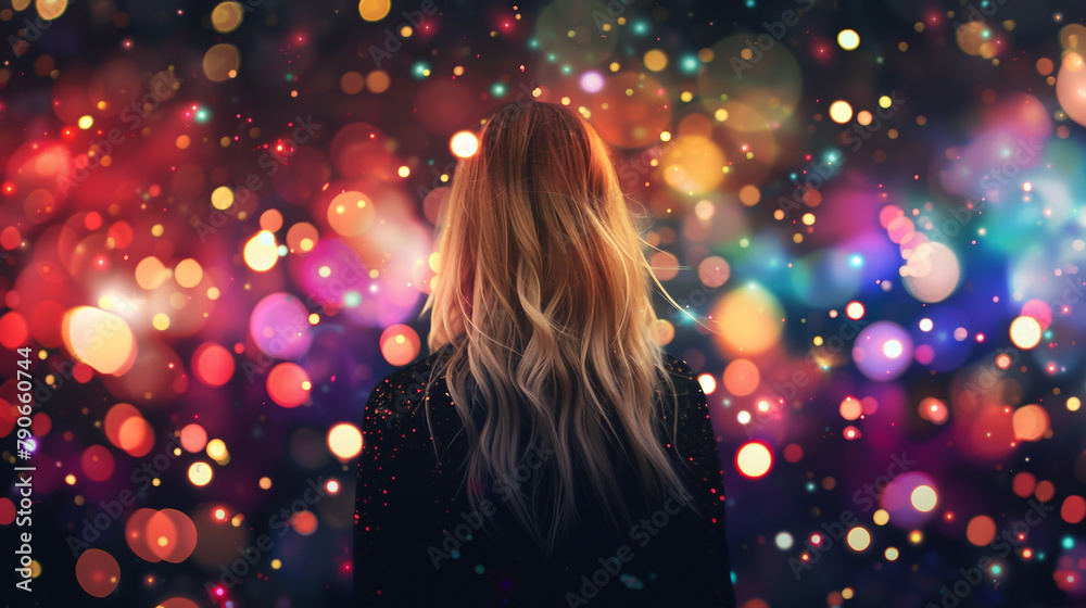 Blonde woman stands amidst a burst of colorful lights, viewed from behind against a black backdrop.