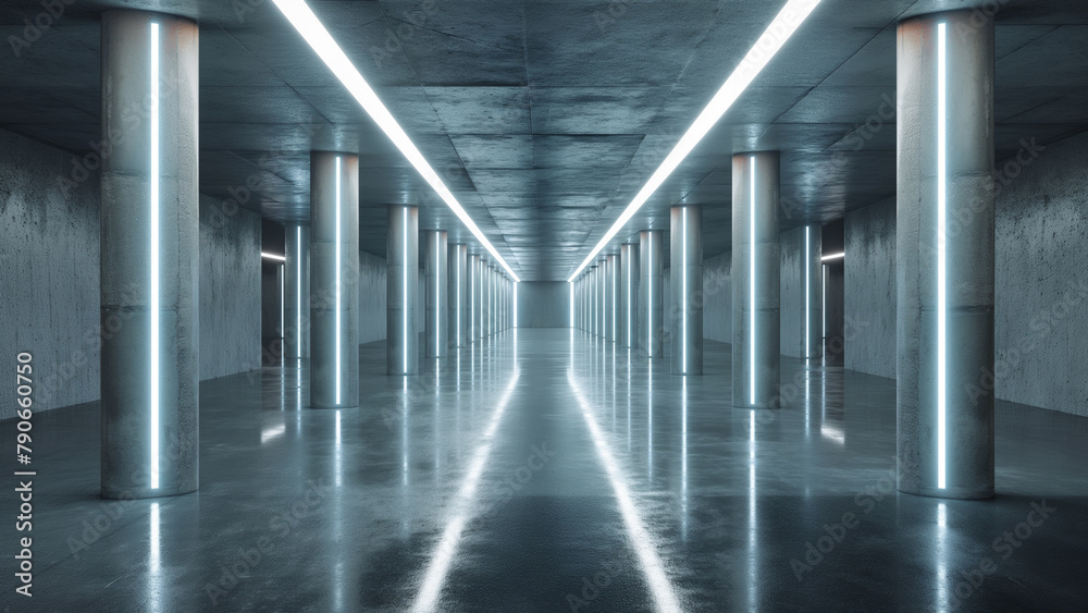 sci Fi Modern Concrete Cement Asphalt Futuristic Tunnel Dark Underground Basement 3d illustration