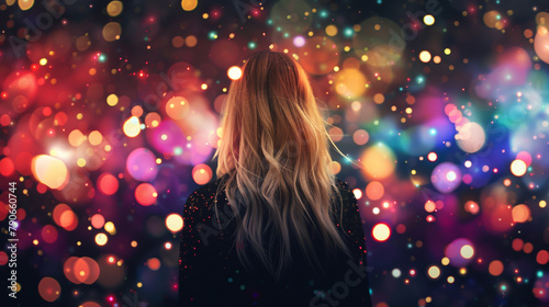 Blonde woman stands amidst a burst of colorful lights, viewed from behind against a black backdrop.