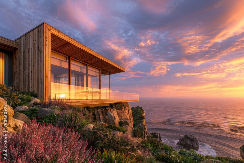 A modern wooden architecture with frameless glass built on a steep cliff with a coastal view, beautiful sunset A modern wooden architecture with frameless glass built on a steep cliff with a coastal view, beautiful sunset