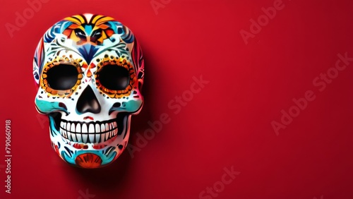  A skull on a red background decorated with bright colors for a traditional Mexican holiday. Cinco de Mayo. Copy space.