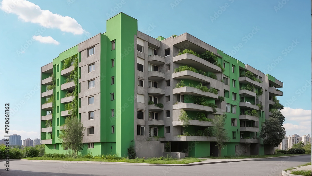 A grey concrete apartment building on green screen background
