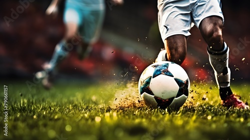 Two professional soccer players dribble vigorously and fight on the lawn of the soccer stadium. (Close-up of the soccer ball)