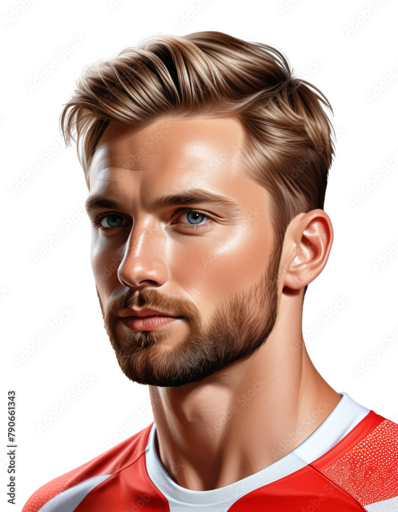Obraz premium Handsome Caucasian male athlete with trendy hairstyle in a red jersey, portrait isolated on a transparent background, suitable for sports and fashion themes