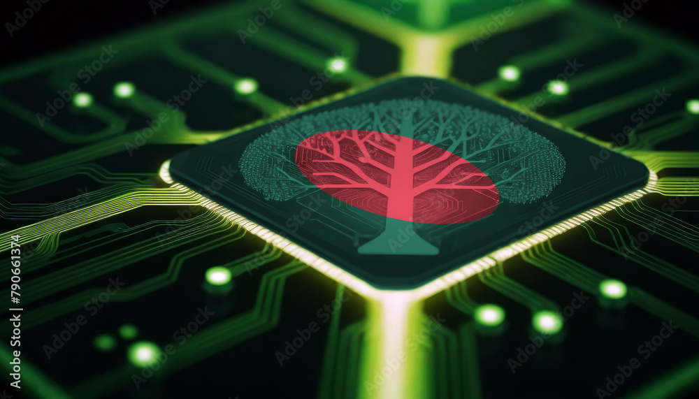 Fototapeta premium An electronic circuit board featuring a chip adorned with the Bangladesh flag. Concept of technological advancement, chip development for industrial applications