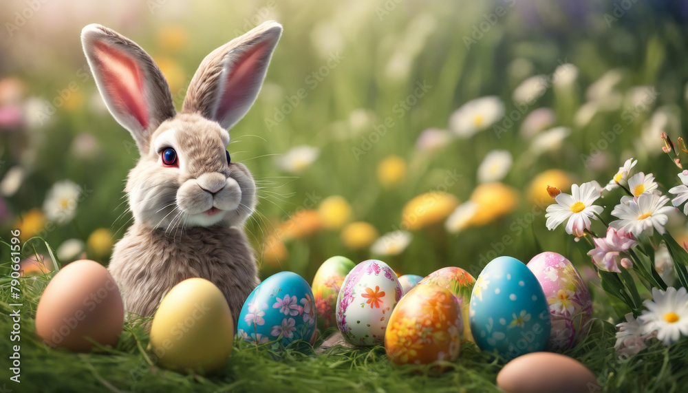 A little rabbit with Easter eggs on the background of a fresh, green spring landscape.