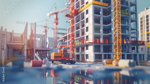 3D render minimal style industrial construction site. engaged in activities with heavy machinery like cranes and bulldozers.