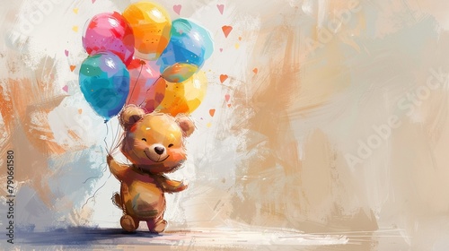 Adorable cartoon bear holding a cluster of vivid  multicolored balloons  radiating joy 