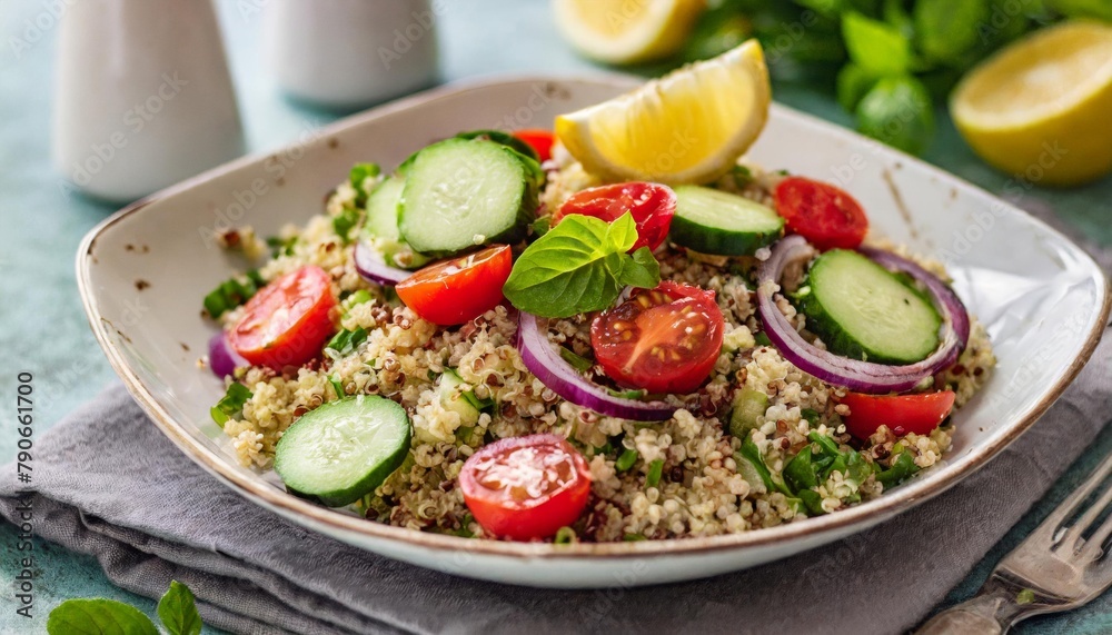 Close-up of a bright, colorful Quinoa Salad with quinoa, cherry tomatoes, cucumber. Fresh, nutritious, and perfect for showcasing healthy, plant-based salads Close-up of a bright, colorful Quinoa Salad with quinoa, cherry tomatoes, cucumber. Fresh, nutritious, and perfect for showcasing healthy, plant-based salads