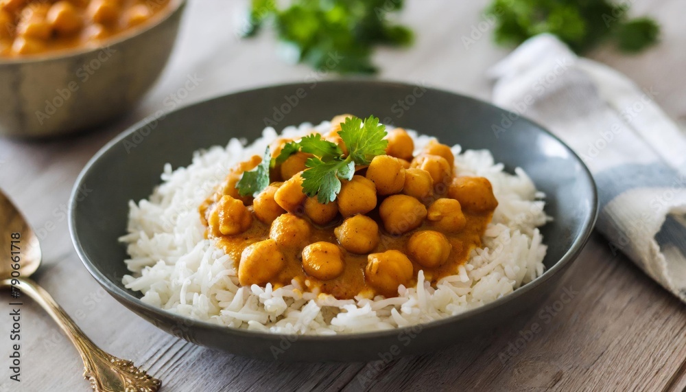 Close-up of Chickpea Curry with creamy sauce, basmati rice, and fresh coriander garnish. Rich, aromatic, and ideal for highlighting flavorful, plant-based Indian dishes Close-up of Chickpea Curry with creamy sauce, basmati rice, and fresh coriander garnish. Rich, aromatic, and ideal for highlighting flavorful, plant-based Indian dishes