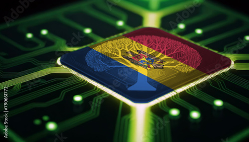 An electronic circuit board featuring a chip adorned with the Moldova flag. Concept of technological advancement, chip development for industrial applications