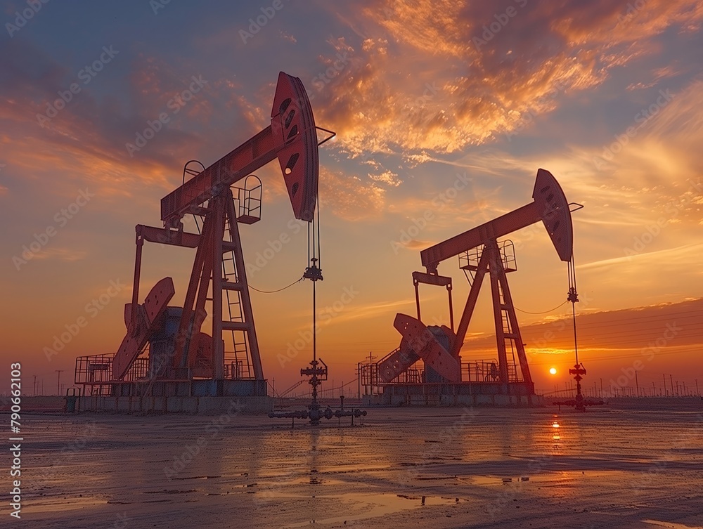 Silhouettes of oil pump jacks against a vivid sunset sky.