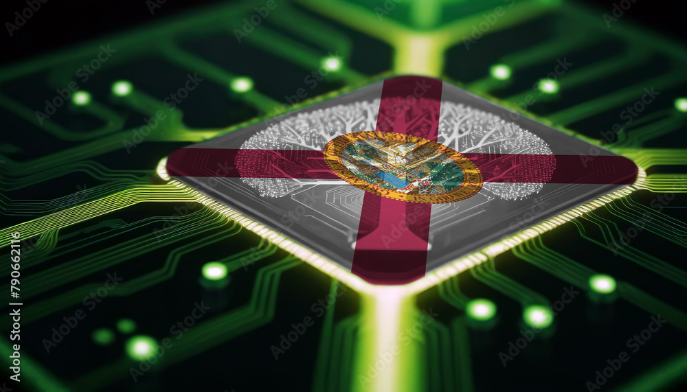 Obraz premium An electronic circuit board featuring a chip adorned with the Florida flag. Concept of technological advancement, chip development for industrial applications