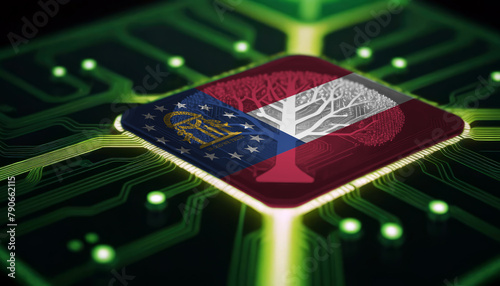 An electronic circuit board featuring a chip adorned with the Georgia flag. Concept of technological advancement, chip development for industrial applications