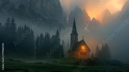 In the mountains, there is a distant church.
