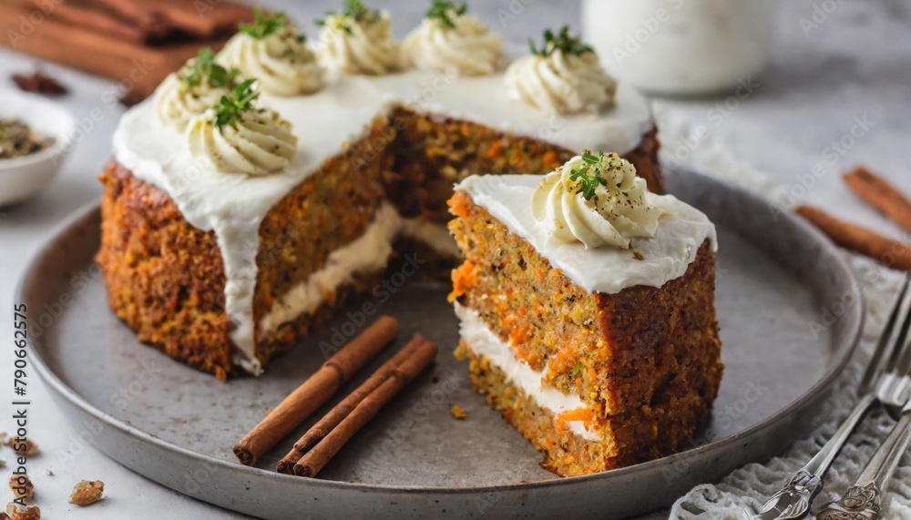 Close-up of a spiced carrot cake topped with vegan cream cheese frosting and sprinkled with chopped nuts. Moist, flavorful, and perfect for vegan desserts and celebrations.