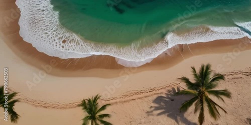 Aerial view of a pristine beach with clear turquoise waters, white waves, and palm trees, encapsulating a tropical paradise. trees on the beach photo