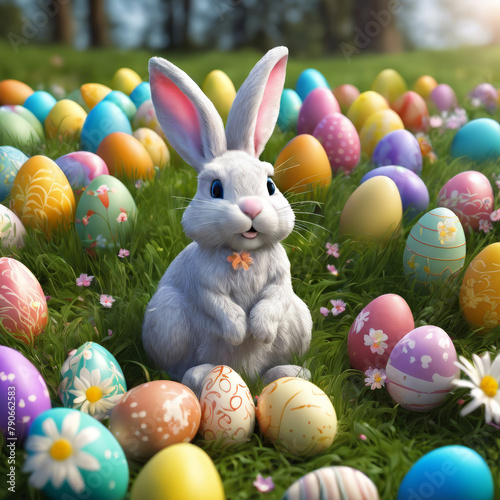 A little rabbit with Easter eggs on the background of a fresh, green spring landscape.