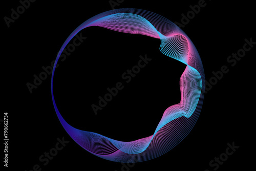 Vector abstract circles lines wavy in round frame colorful spectrum light isolated on black background with empty space for text in concept technology, digital. vector