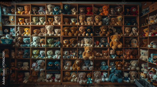 A room with a wall of cubbies filled with stuffed animals.
