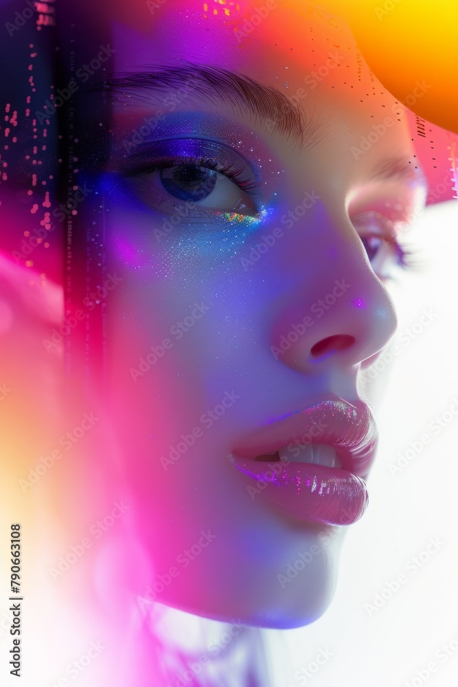 Vibrant Close-up Portrait of Young Woman with Colorful Makeup
