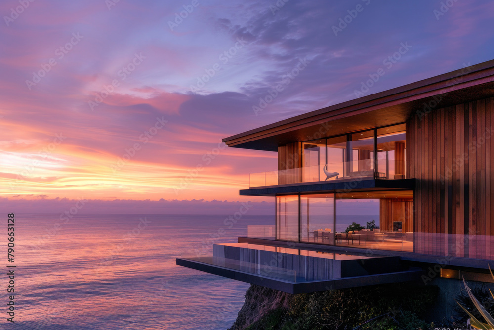 A modern wooden architecture with frameless glass built on a steep cliff with a coastal view, beautiful sunset A modern wooden architecture with frameless glass built on a steep cliff with a coastal view, beautiful sunset
