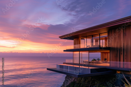 A modern wooden architecture with frameless glass built on a steep cliff with a coastal view  beautiful sunset 