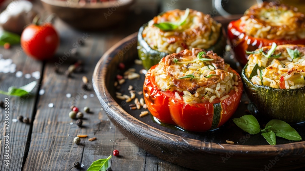 Four stuffed peppers arranged on plate next to bowl of tomatoes