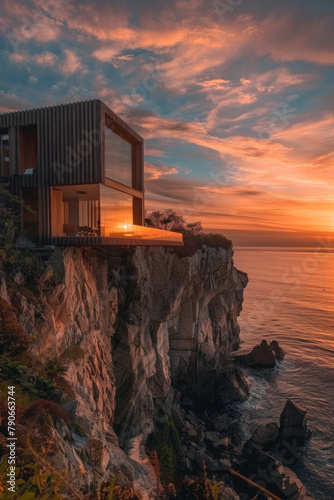 A modern wooden architecture with frameless glass built on a steep cliff with a coastal view, beautiful sunset 