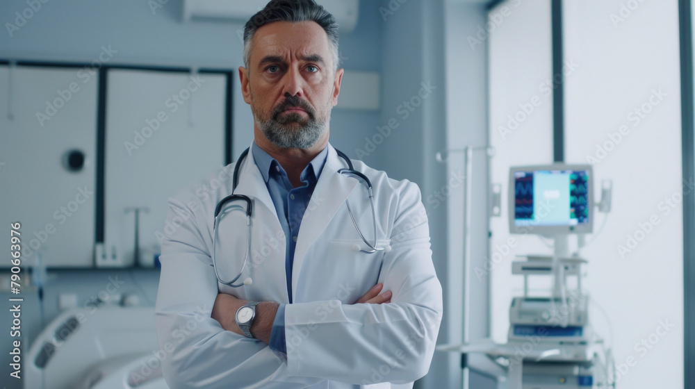 A man wearing a white coat stands in a hospital room. The room is furnished with medical equipment and a bed A man wearing a white coat stands in a hospital room. The room is furnished with medical equipment and a bed