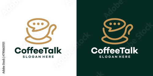 Online coffee logo design template. Coffee cup with chat bubble logo design graphic vector. Symbol, icon, creative.