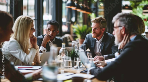 A diverse group of individuals engaged in conversation around a table, interacting and communicating with each other