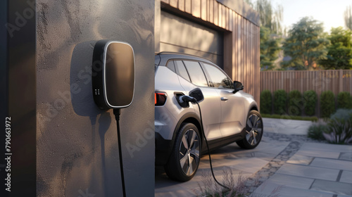 EV Power supply for electric car portable charging station near the house, home garage station