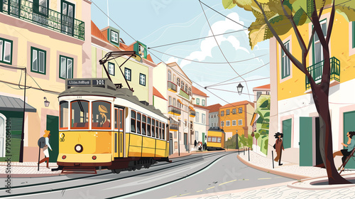 copy space, illustration, handdrawn cartoon style, Photo of a tram in Lisbon, Portugal with people walking in the street and buildings along the streets. daylight. An old yellow tram moving down cobbl