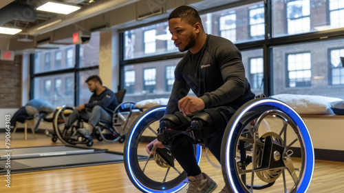 A man in a wheelchair is working out in a gym, using various exercise equipment to improve his physical fitness and strength