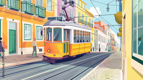 copy space, illustration, handdrawn cartoon style, Photo of a tram in Lisbon, Portugal with people walking in the street and buildings along the streets. daylight. An old yellow tram moving down cobbl