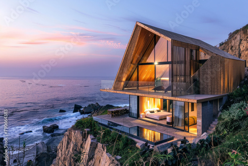A modern wooden architecture with frameless glass built on a steep cliff with a coastal view, beautiful sunset 