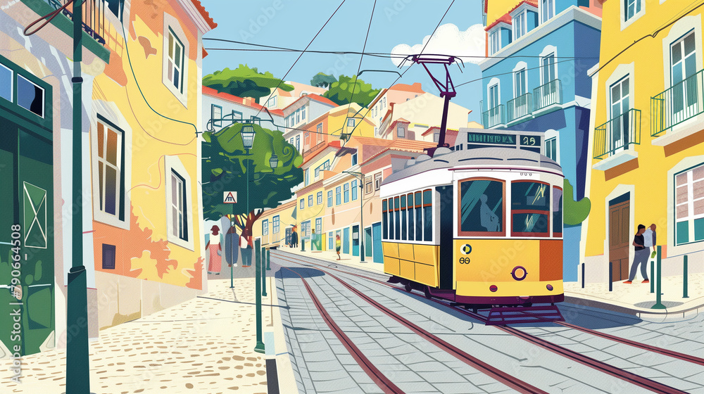 Naklejka premium copy space, illustration, handdrawn cartoon style, Photo of a tram in Lisbon, Portugal with people walking in the street and buildings along the streets. daylight. An old yellow tram moving down cobbl